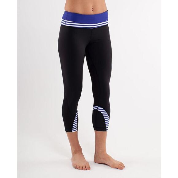 Lululemon Run Inspire Crop Leggings Black & Blue White Narrow Bold Stripes Sz 4 - Picture 1 of 10
